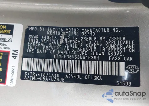 2011 Toyota Camry Xle z USA, uszkodzony, nr VIN 4T1BF3EK6BU616361